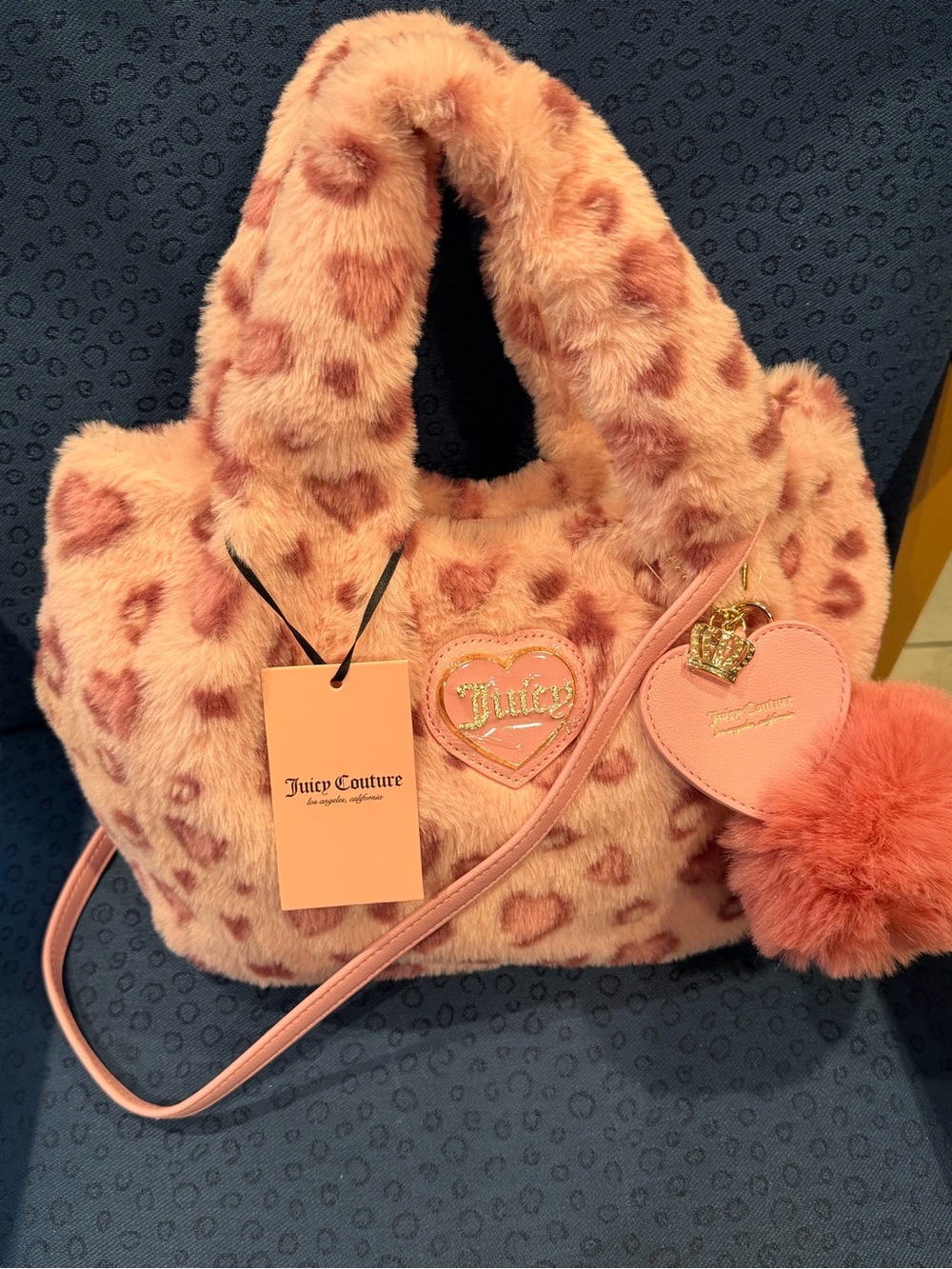 Juicy Couture Peach-Pink Faux Fur Heart Tote with Pom Charm